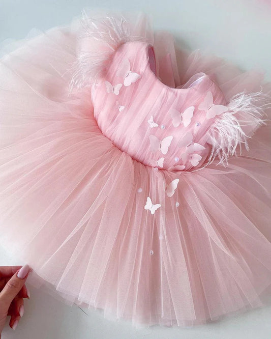 Elegant Pink Feather-Sleeve Feminine Dress