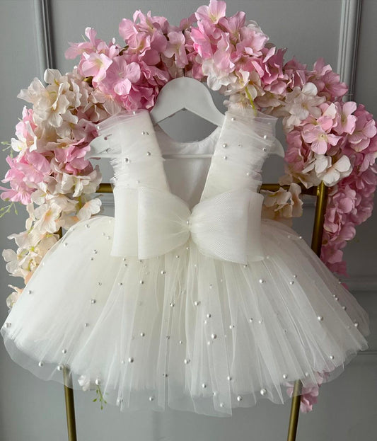 White Beaded Elegance Baby Frock Dress