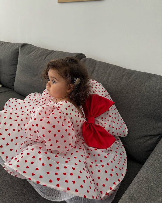 Classy White Organza With Heart Shape Print Baby Dress