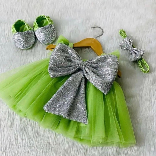 Sparkling Silver Sequin Green Baby Frock Dress