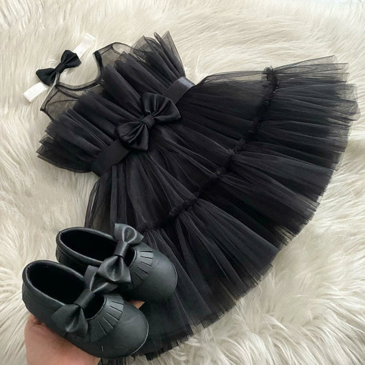 Elegant Black Baby Dress With Belt & Bow