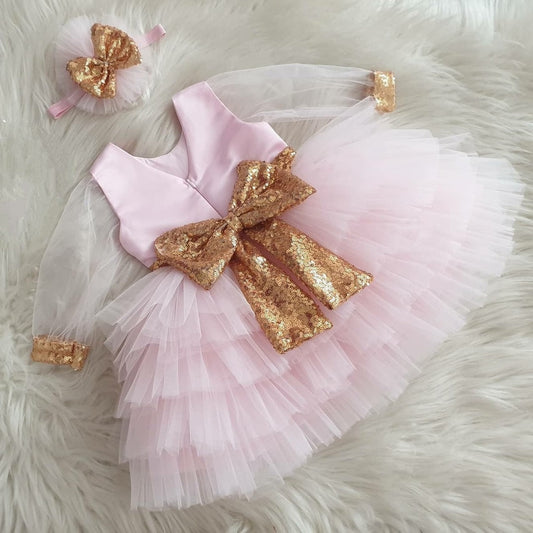 Beautiful Golden Sequins Pink Baby Frock