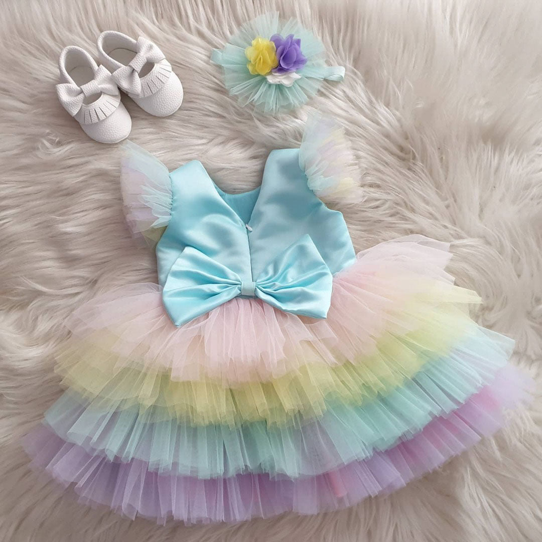 Multi-Hued Netted Layered Birthday Dress For Little Princess