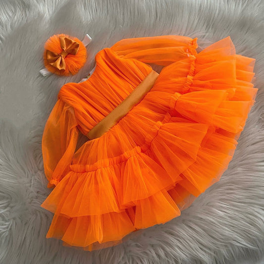 Elegant Orange Full-Sleeve Baby Dress With Belt