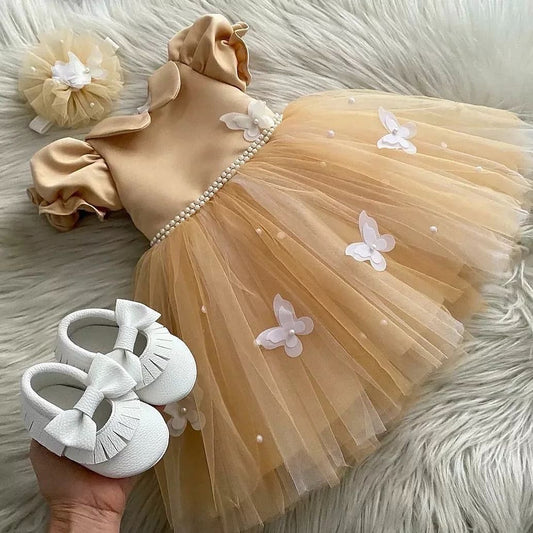 Elegant White Butterfly Brown Baby Dress